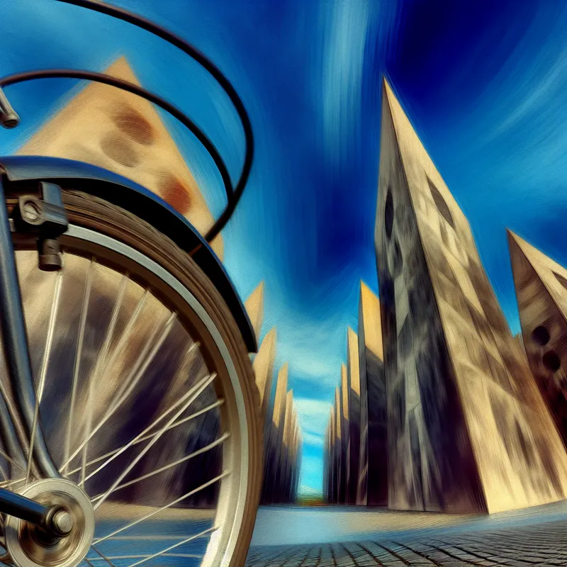 Een surrealistisch beeld van een draaiend fietswiel in een stadslandschap met monumentale architectuur.