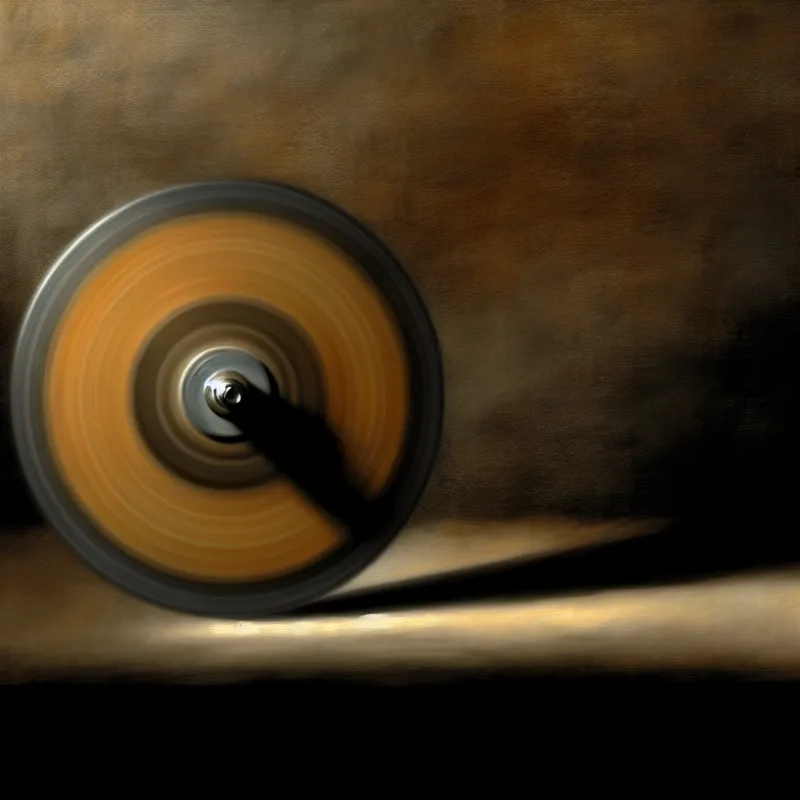 Close-up van een draaiende schijf die op zijn zijkant wiebelt, met een dramatische belichting die texturen en kleuren laat zien.