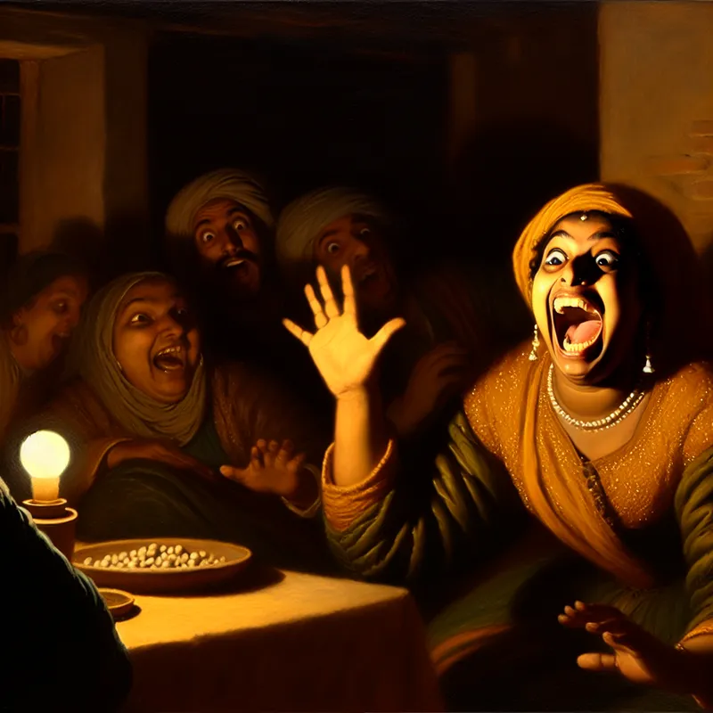 Vrouw met overdreven lach in een schemerige kamer, omringd door vrienden die verrast reageren.