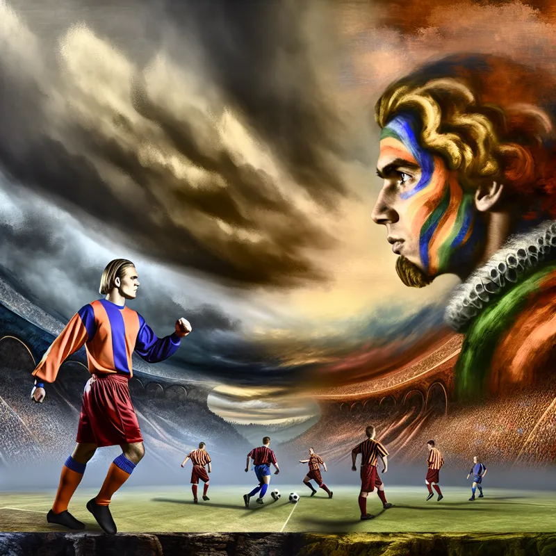 Intense sportwedstrijd tussen twee spelers in kleurrijke kleding, met een dreigende lucht op de achtergrond.