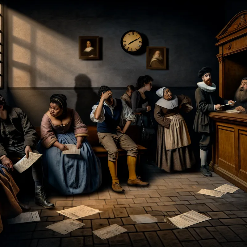 Een dramatisch tafereel van een aanvraagproces met een diverse groep mensen die ongerust en peinzend op houten banken zitten in gedempt licht.