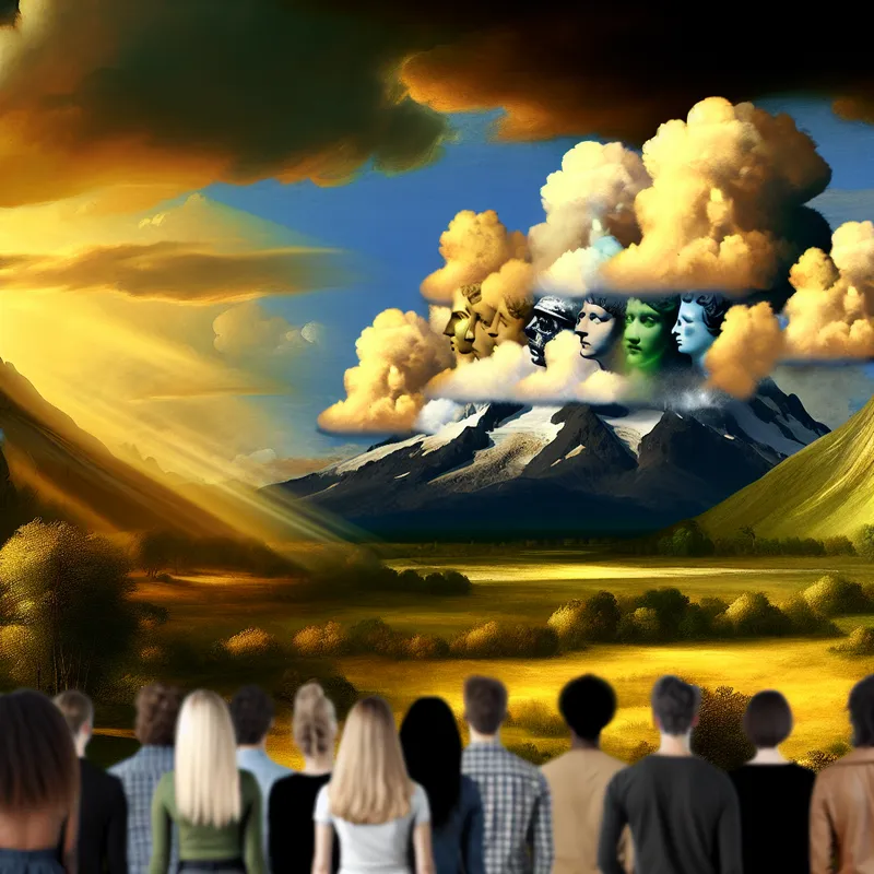 Een dramatisch landschap met een mooie bergtop omringd door wolken, met mensen die in ontzag naar de bergen kijken.