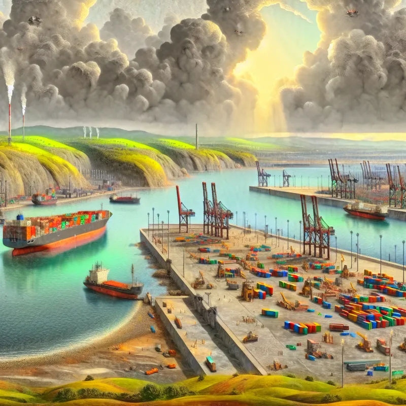 Dramatisch kustlandschap met een drukke haven, grote vrachtschepen en werkers die containers lossen onder een bewolkte lucht.