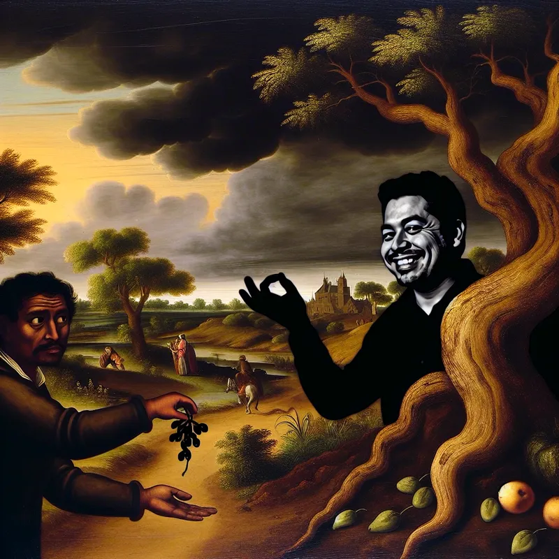 Dramatisch landschap met een knorrige boom die bedrog symboliseert, een schimmige man biedt fruit aan een huiverige reiziger.