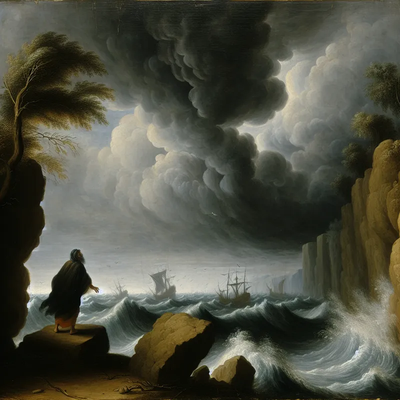 Persoon staat aan de rand van een afbrokkelende cliff, kijkt naar een woelige zee met turbulente golven.