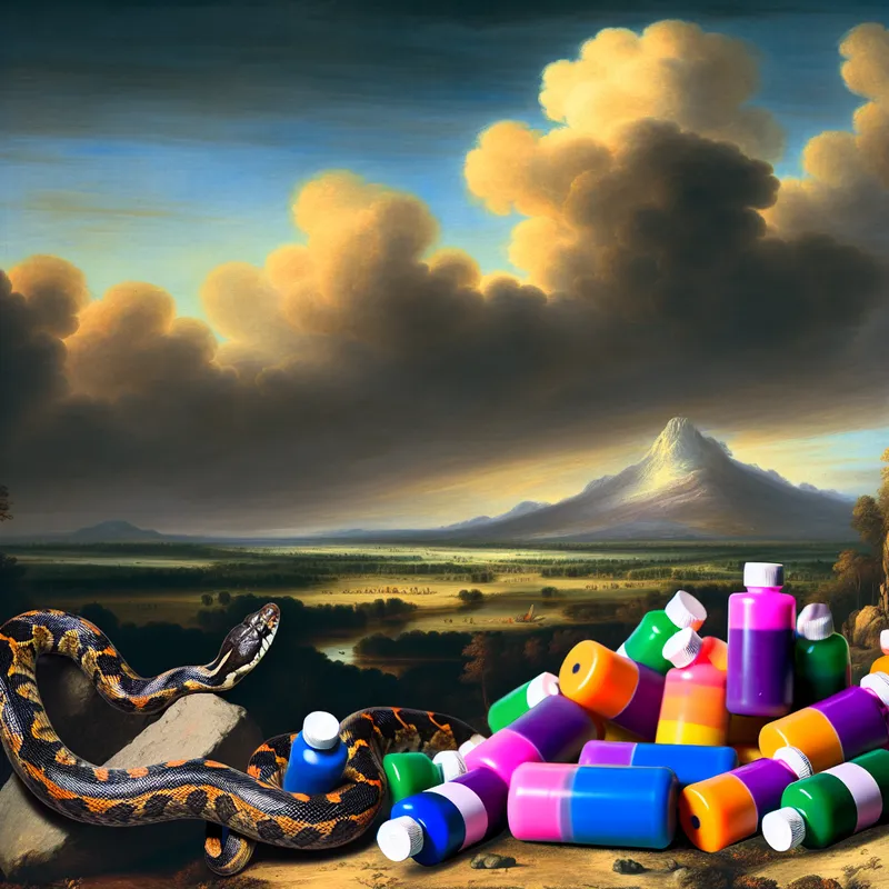 Een slang die over een stapel gevaarlijke materialen is gewikkeld in een dramatisch natuurlandschap met een tumultueuze lucht.