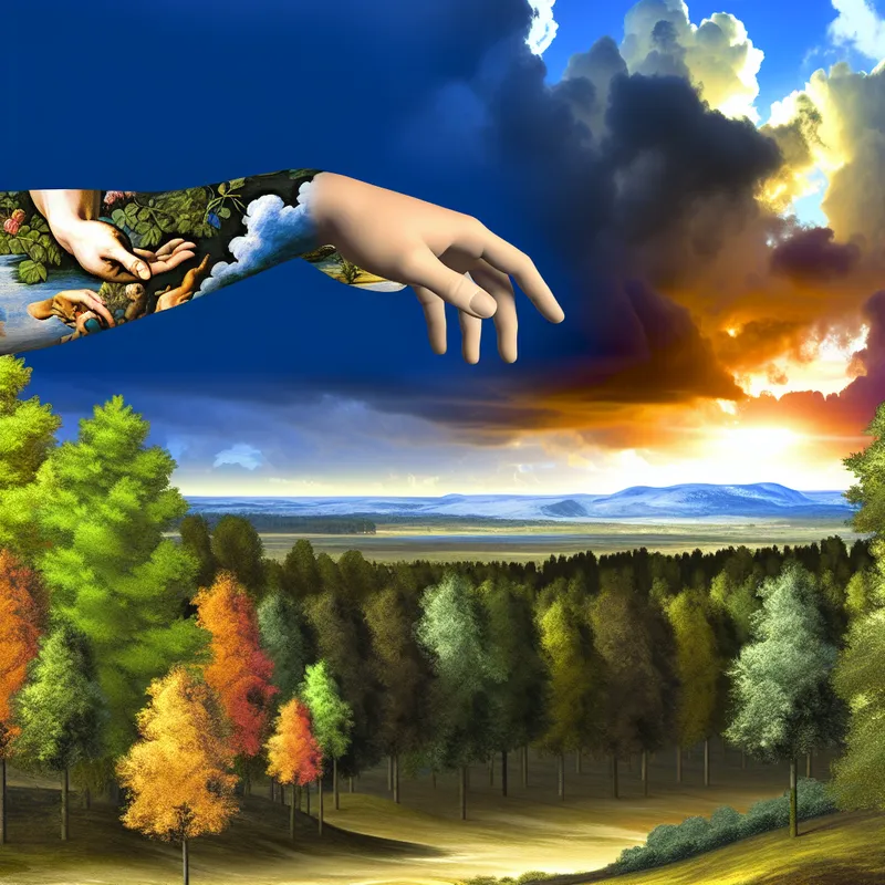 Een hand die uit een levendig bos oprijst, met dramatische wolken erboven, symboliseert de verbinding tussen lichaam en natuur.