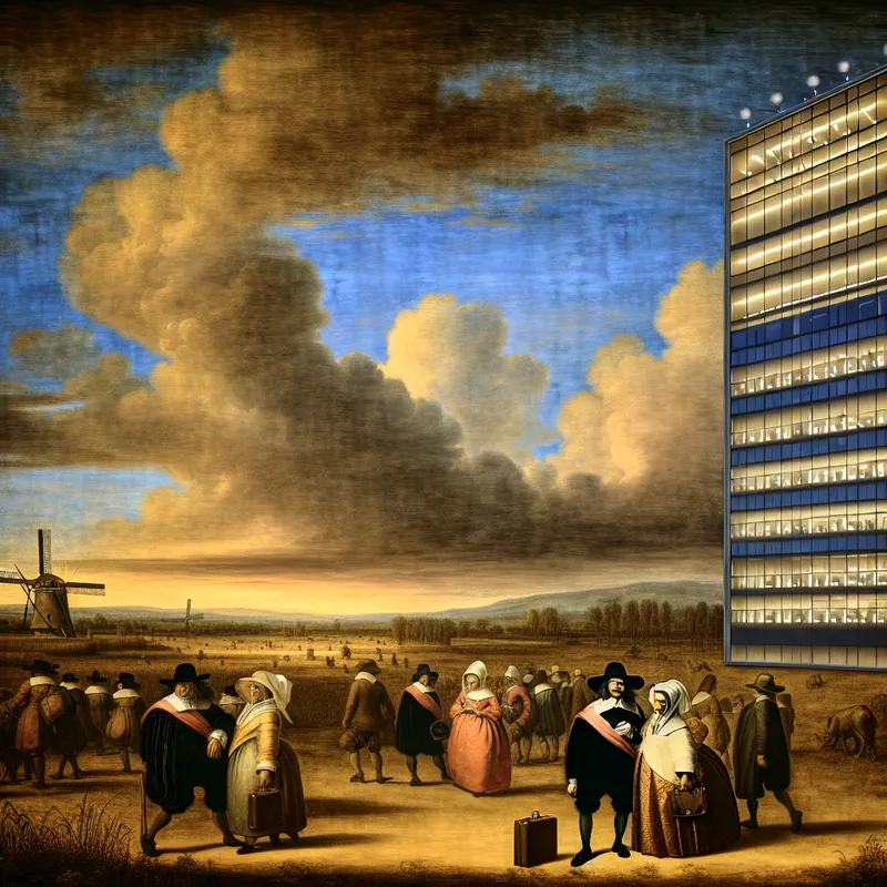 Dramatisch landschap met Ruisdael-achtige lucht, voorgrond met kantoorgebouw