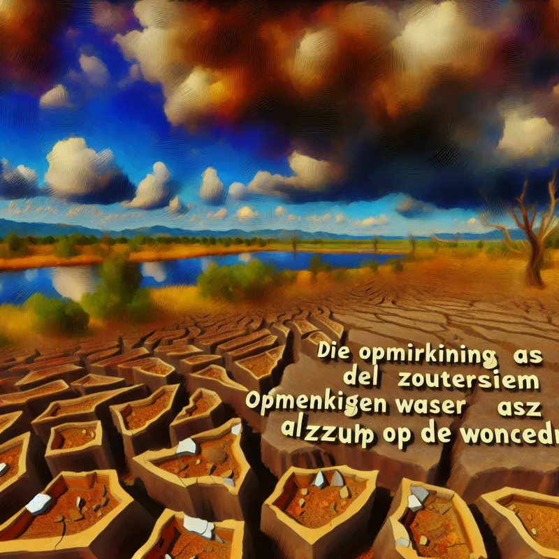 Een dramatisch landschap met een stormachtige lucht, droge aarde en een sereen meer op de achtergrond.