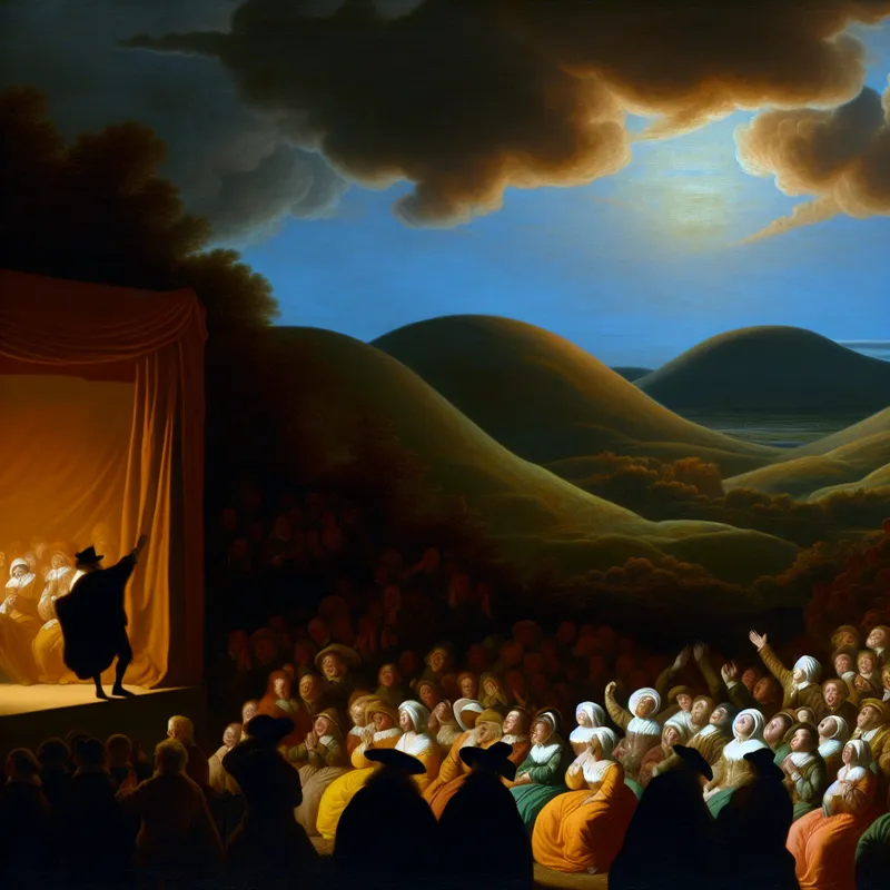 Een levendig landschap met een menigte die applaudisseert voor een muzikant op een klein podium, met glooiende heuvels en dramatische wolken op de achtergrond.