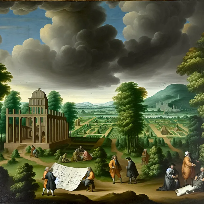 Dramatisch landschap met werkers die blauwdrukken bespreken voor een nieuw project