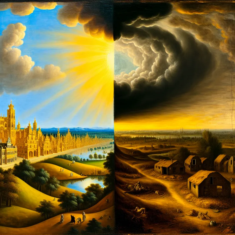 Twee contrasterende landschappen die 'oneerlijkheid' oproepen: een rijke, gouden stad versus een arm dorp.