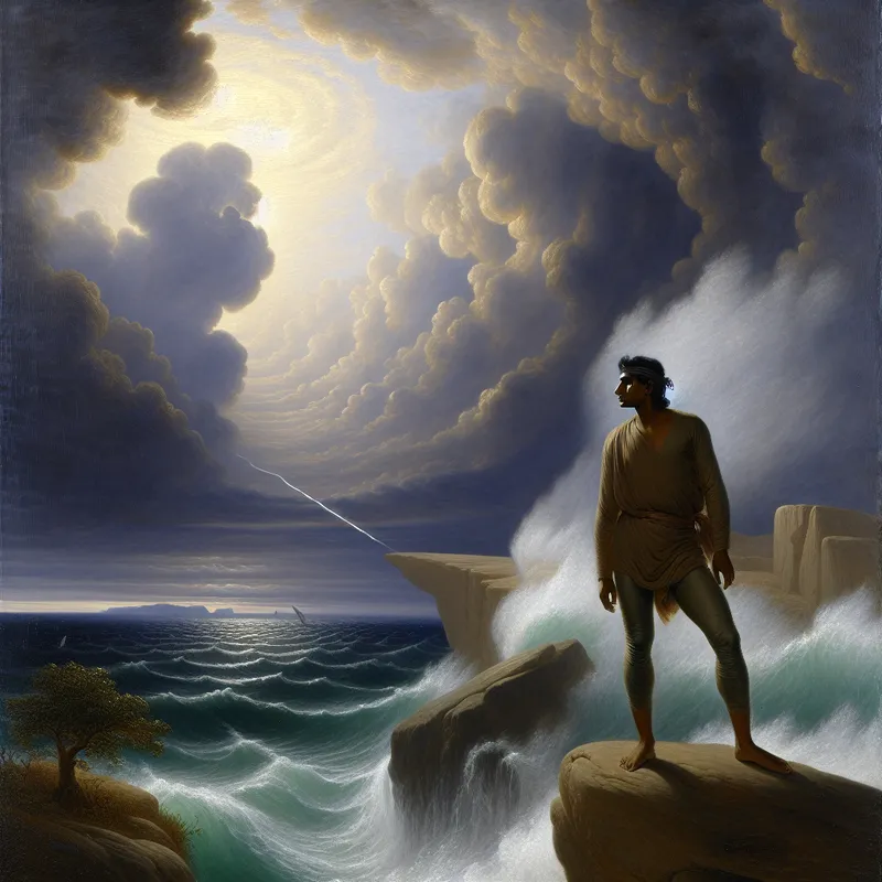 Een persoon staat op een ruige klif en kijkt naar een woelige zee met dreigende wolken, wat symboliseert dat er geen zekerheid is van succes.