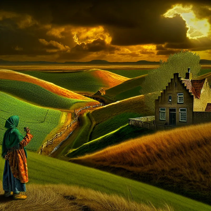 Een nieuwsgierige reiziger op een heuvel kijkt verlangend naar een schattig huis aan de rand van een groen veld onder een gouden zonsondergang.