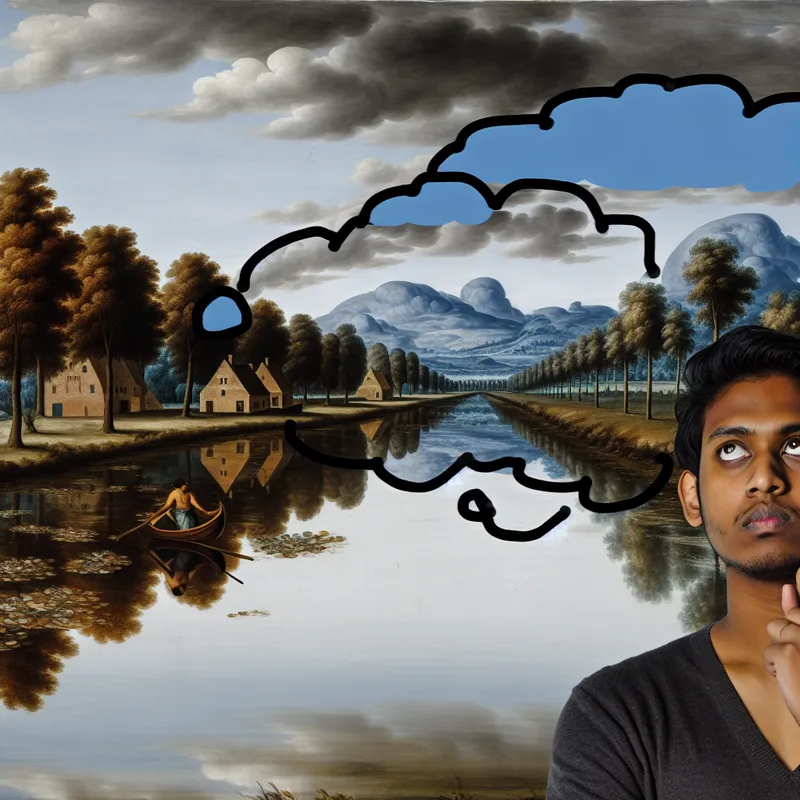 Een dramatisch landschap met een complexe lucht, een kronkelige rivier en een persoon met een denkbel.