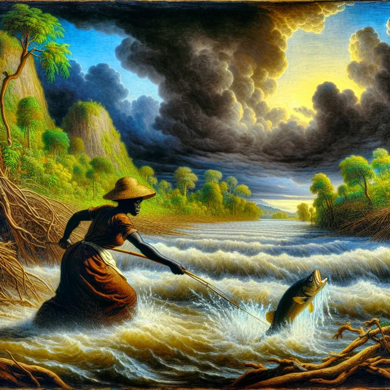Vissersman aan woelige rivier, zichtbaar worstelend om snel zwemmende vis te vangen