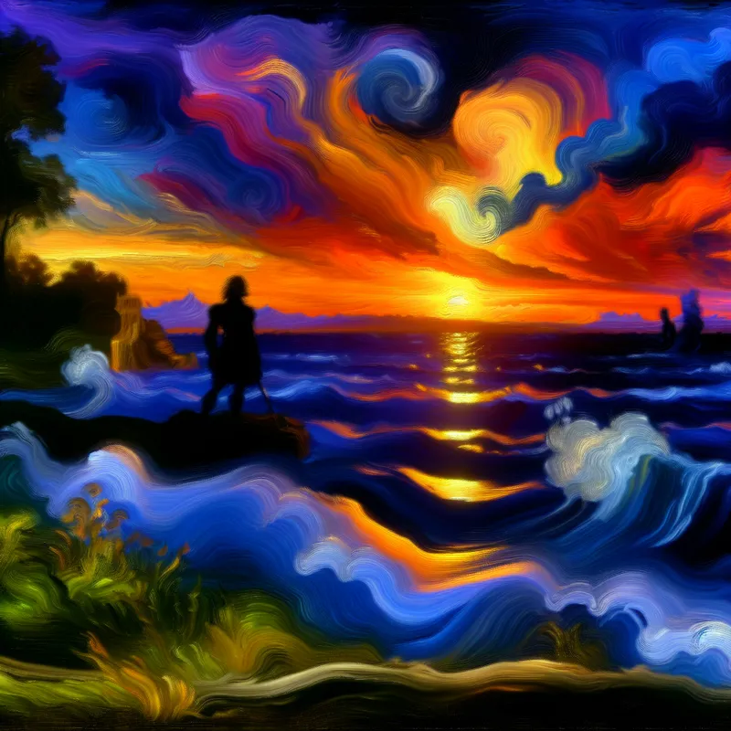 Dramatisch landschap met zonsondergang en zee, figuur bewondert uitzicht