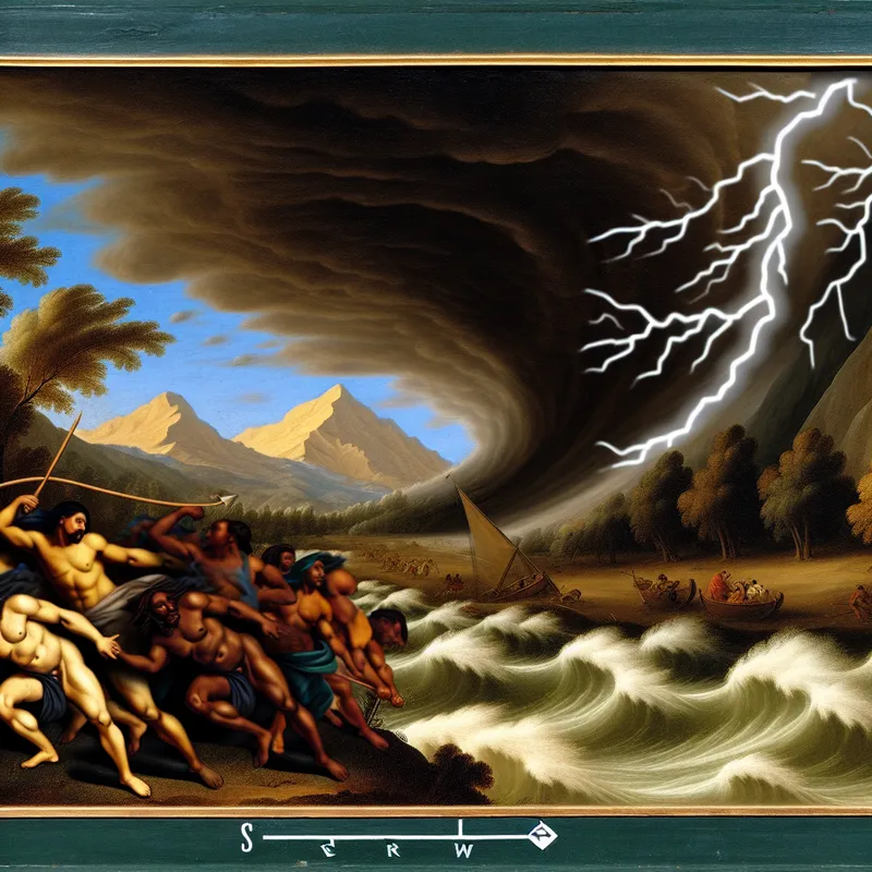 Dramatische stormlandschap met donkere wolken, bliksem en vechtende figuren tegen de elementen