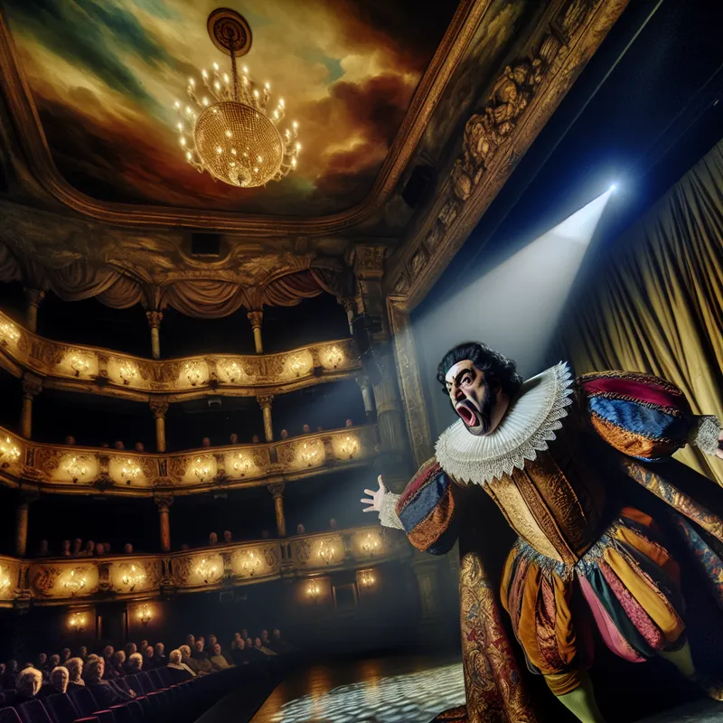 Een mannelijke acteur die een krachtige rol vertolkt op een theaterpodium, omringd door een publiek, met een spotlicht op zich en een spectaculaire achtergrond.