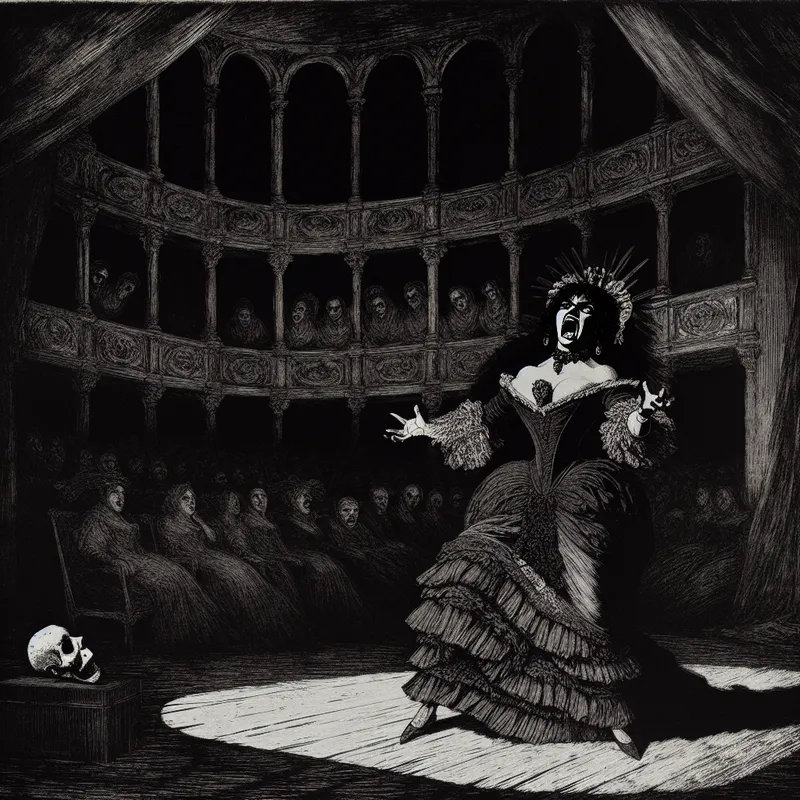 Dramatische actrice op een gotisch toneel met intense emoties en schaduwrijke belichting, symbolisch weergegeven in de stijl van Félicien Rops