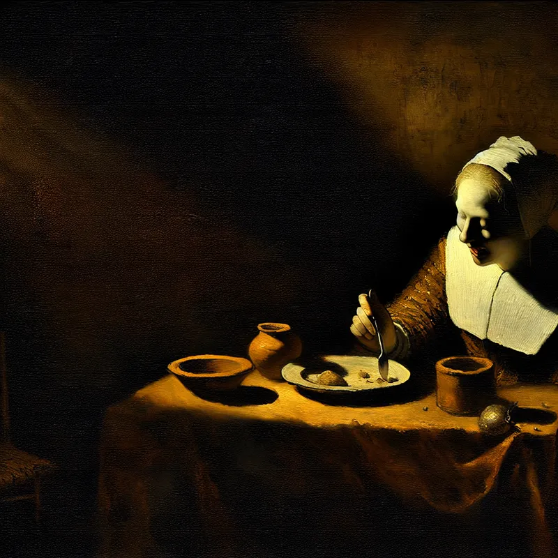 Een vrouw in een slecht verlichte kamer, met een bleke uitstraling van ongemak na het eten van een onsmakelijke maaltijd.