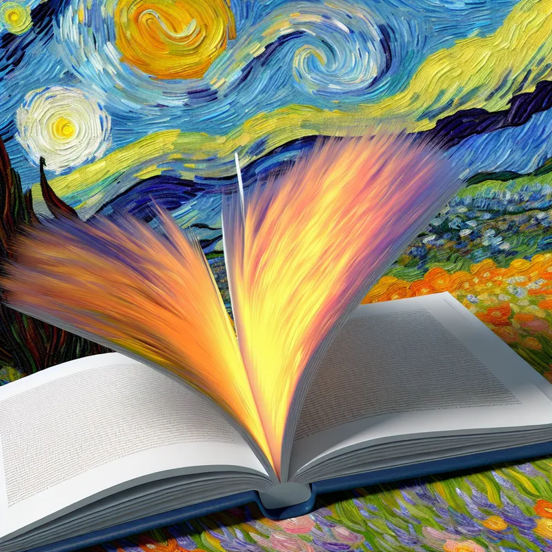 Een boek dat wordt gesloten met gloeiende pagina's, omgeven door dynamische kleuren, geïnspireerd door het werk van Vincent van Gogh.