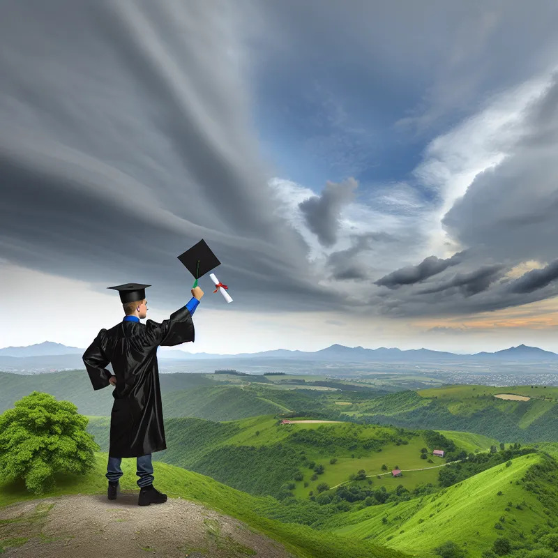 Afgestudeerde op een heuveltop onder dramatische wolkenhemel in Jacob van Ruisdael-stijl