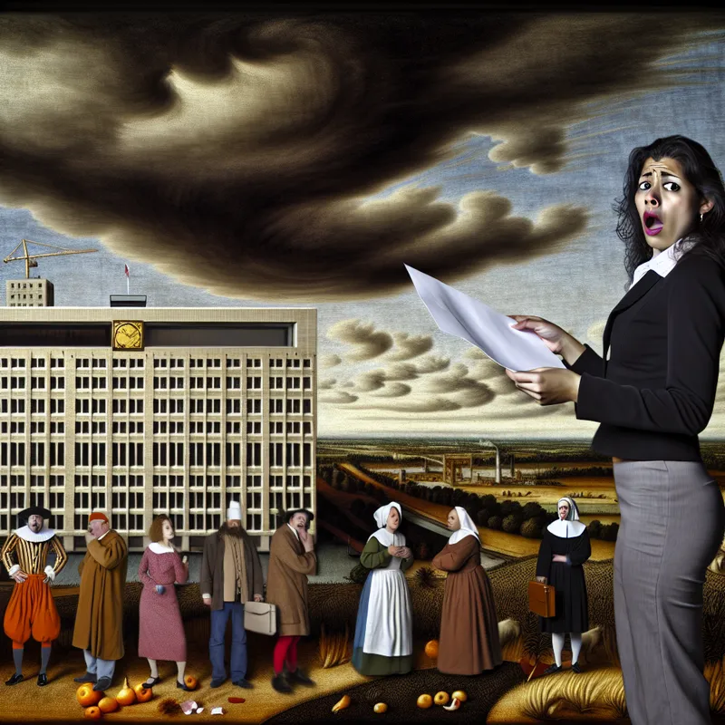 Een persoon in zakelijke kleding staat geschokt met een ontslagbrief, omringd door verwonderde collega's onder een dramatische lucht.