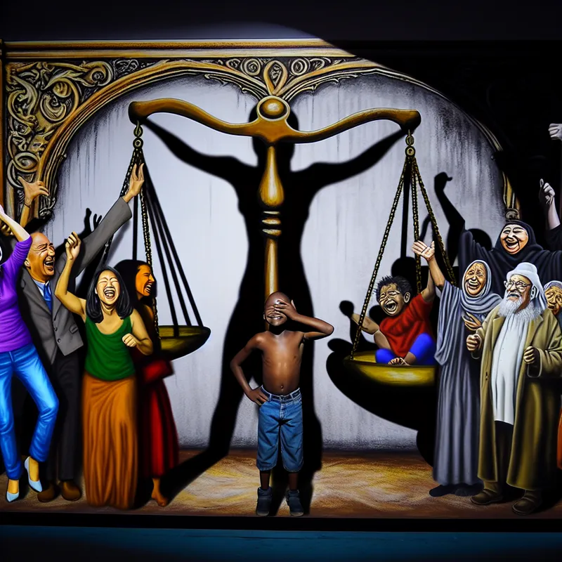 Een dramatische scène met een groep mensen die vreugde uitstralen aan de linkerkant en een groep die treurigheid toont aan de rechterkant, met een grote weegschaal in het midden die de twee reacties balanceert.
