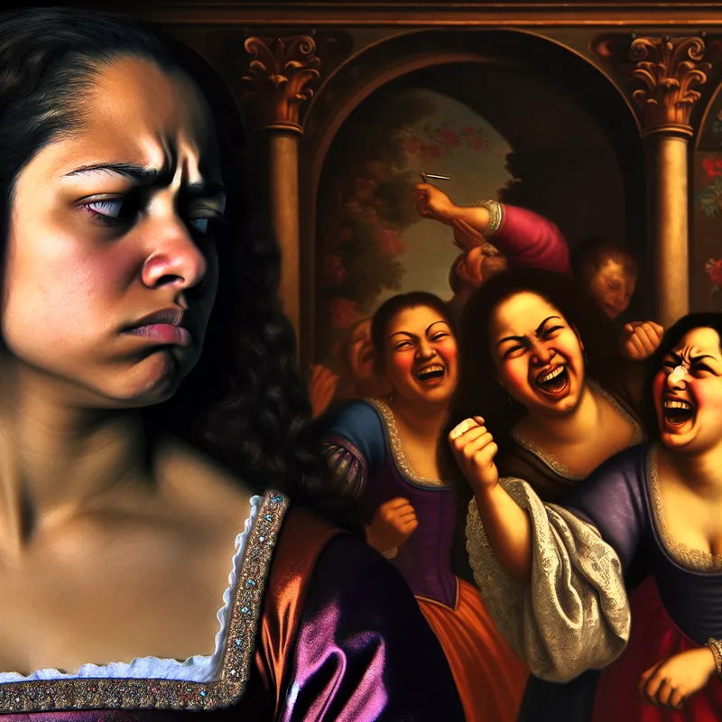 Een dramatische barok scène waarin een jaloerse vrouw haar verdriet toont terwijl andere vrouwen gelukkig vieren, met rijke kleuren en luxe details.