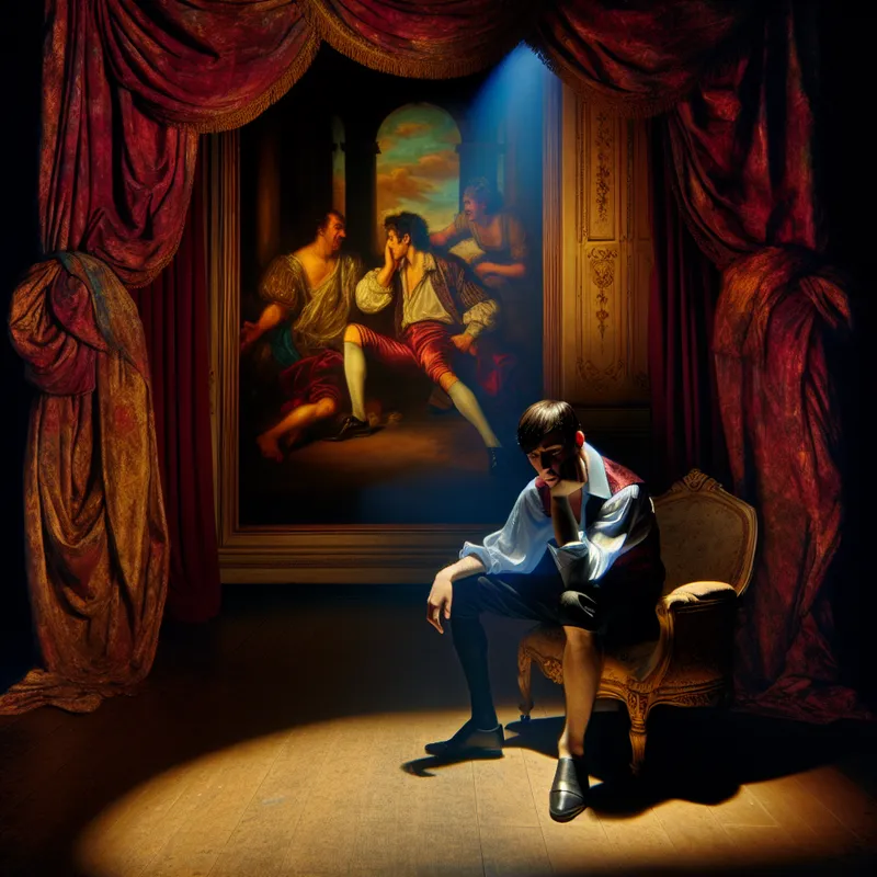 Een jonge man zit alleen in een donker vertrek op een antieke stoel, zijn bezorgde uitdrukking weerspiegelt teleurstelling na een discussie.