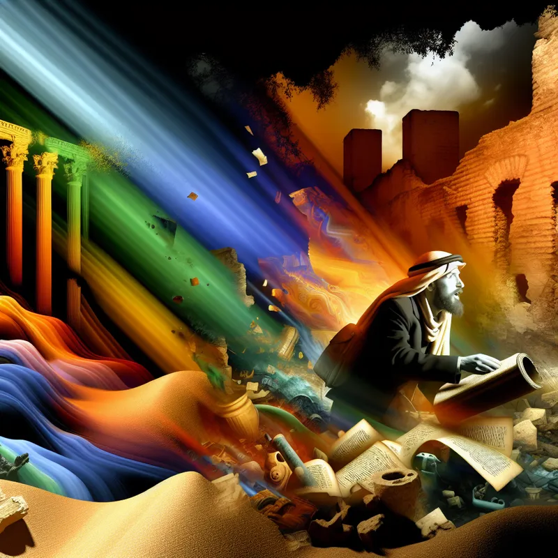 Een journalist graaft door de grond te midden van oude ruïnes, op zoek naar waarheid.