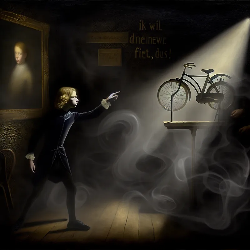 Jongere wijst dramatisch naar nieuwe fiets in donkere fietswinkel