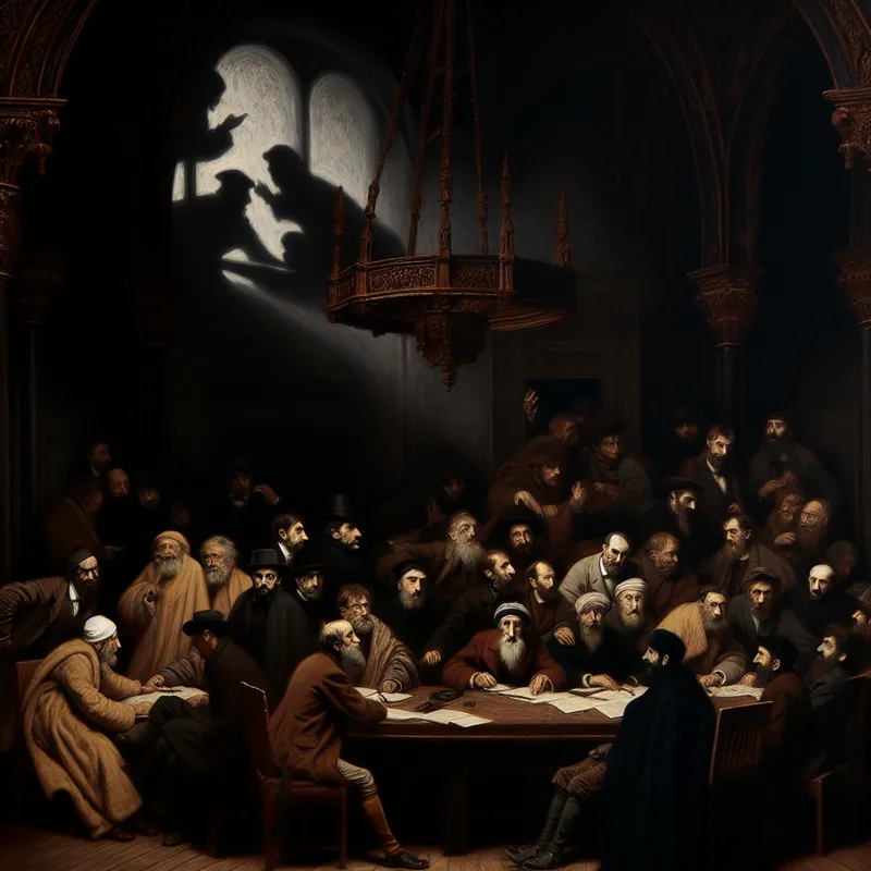 Vergadering met meerdere gefrustreerde mensen rond een grote tafel in een sombere ruimte met gothic architectuur