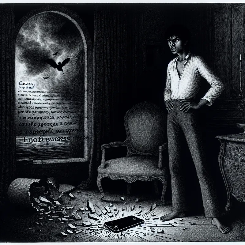 Een jonge man met een geïrriteerde uitdrukking naast een kapotte telefoon in een somber verlichte kamer.