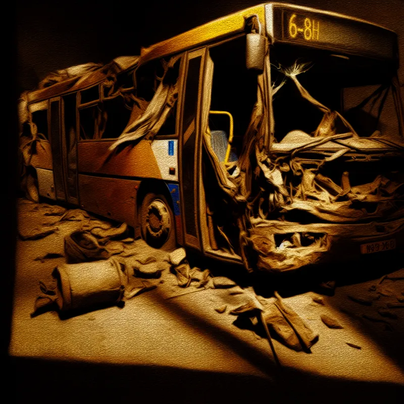 Bus met beschadigde voorkant na botsing, omgeven door puin