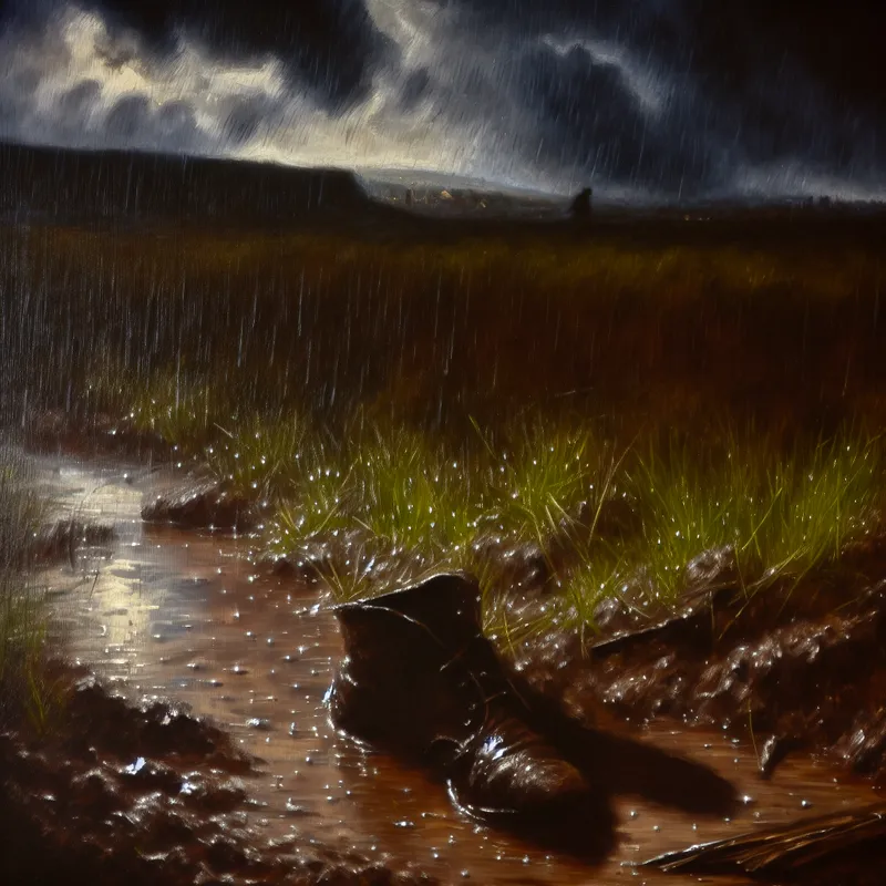 Chiaroscuro schilderij van een natte grasvelden na regen, met glinsterende druppels en verwaarloosde schoenen in de modder.
