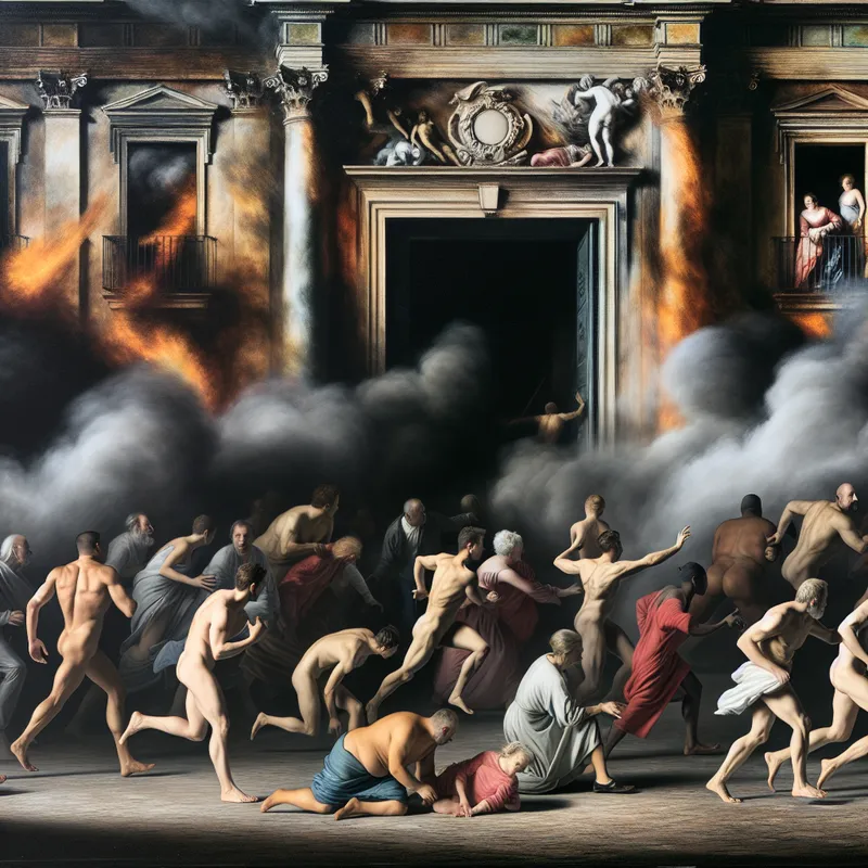 Groep mensen die snel en chaotisch een grandioos gebouw verlaat dat in rook is gehuld tijdens een brandalarm.