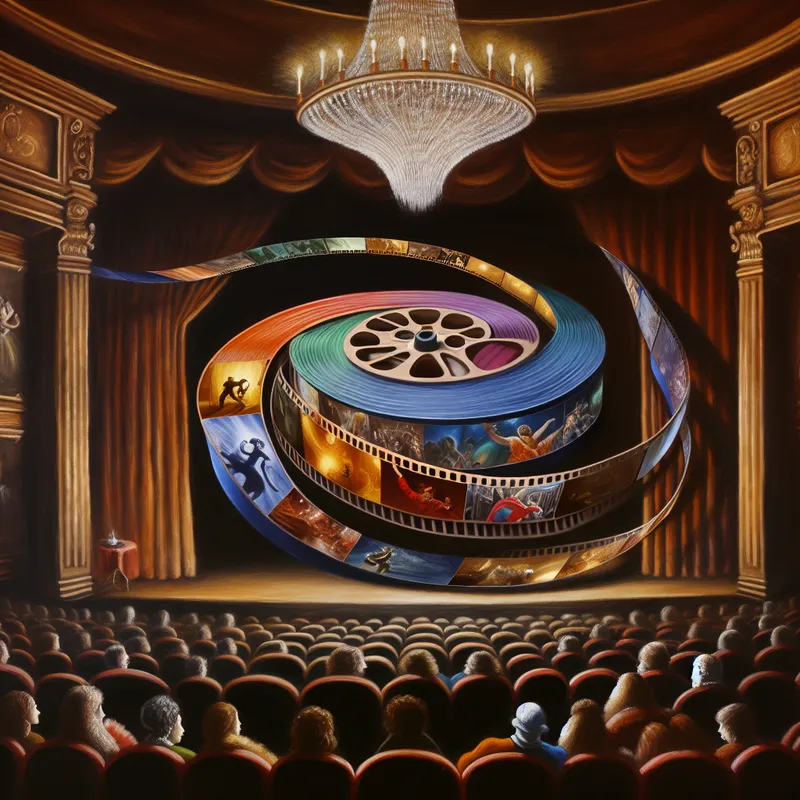 Dramatische filmrol ontrolt zich in een elegant theater met kijkers in pluche zetels.