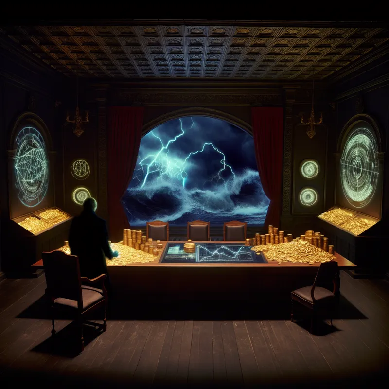 Een mysterieuze figuur in een gothic kantoor, omringd door financiële documenten en gouden munten, weerspiegelt de drama van een financiële beslissing.