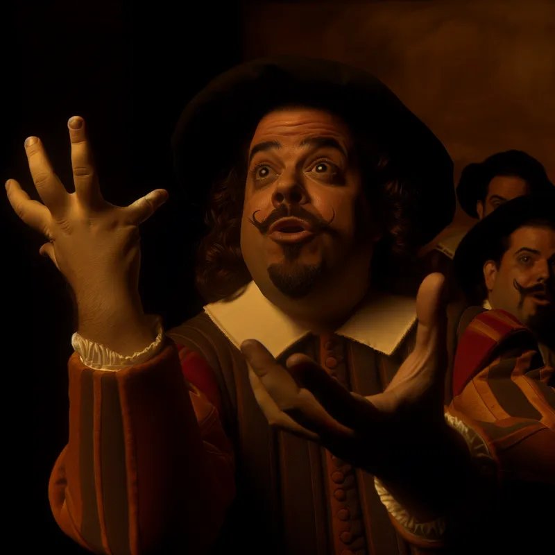 Een persoon in historische kleding gebaren makend met hun handen in een zwak verlichte omgeving, geïnspireerd door de stijl van Rembrandt.