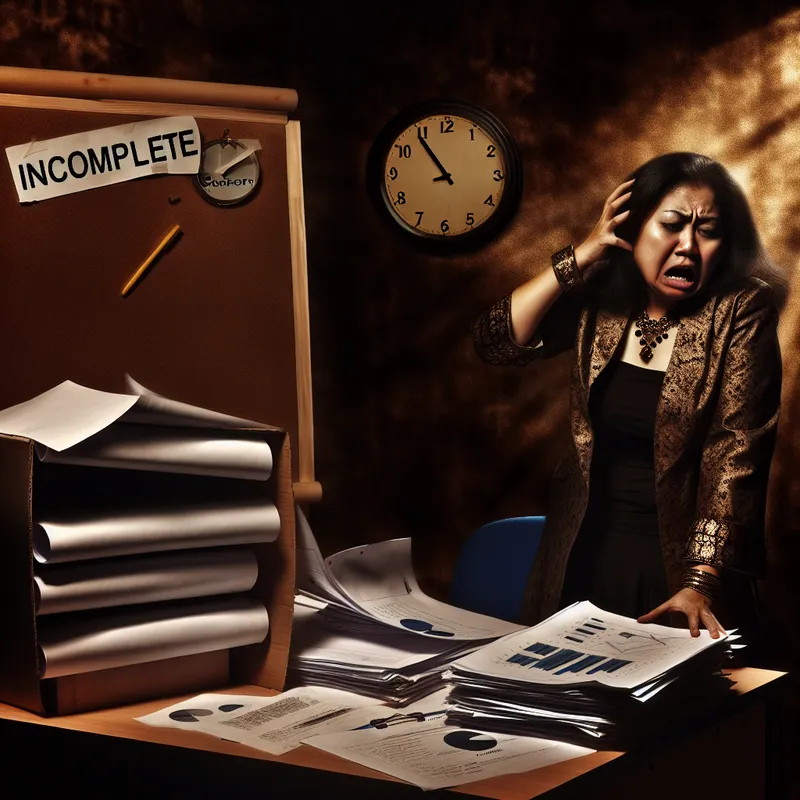 Een middelgrote manager met een gestreste uitstraling zit in een dusdanig verlichte kantoor vol documenten en rapporten, omringd door chaos, terwijl hij naar een leeg projectbord kijkt dat 'Incompleet' aangeeft.