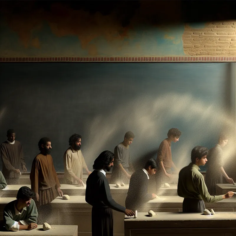 Een dramatische klaslokaalscène met studenten die krijt verplaatsen, in de stijl van Rembrandt, met focus op de tekstuur van het krijt en het stof.