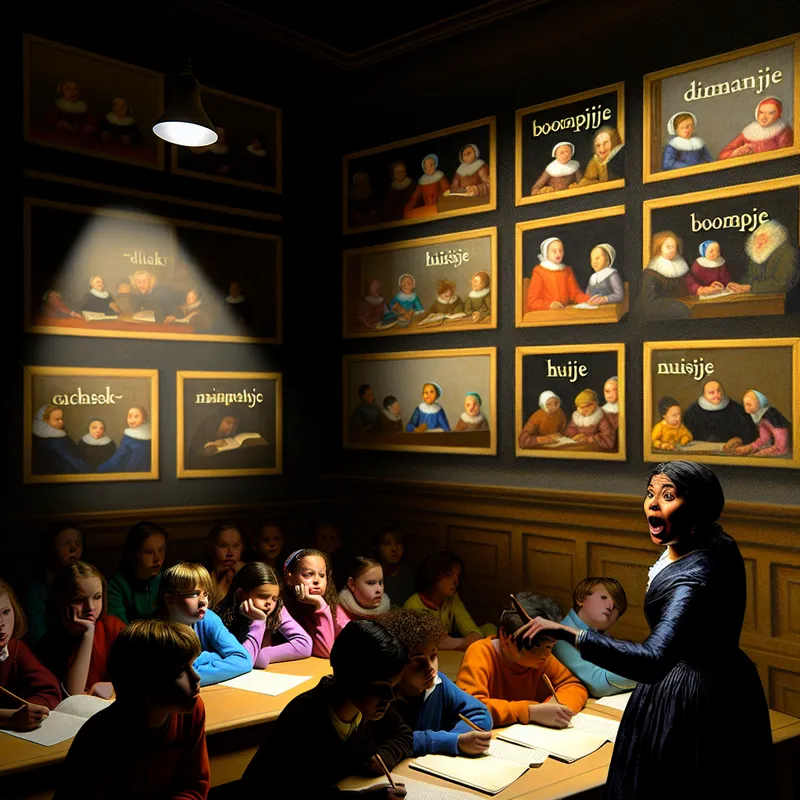 Een leerkracht in een klaslokaal wijst naar een muur vol kleurrijke voorbeelden van verkleinwoorden in het Nederlands.