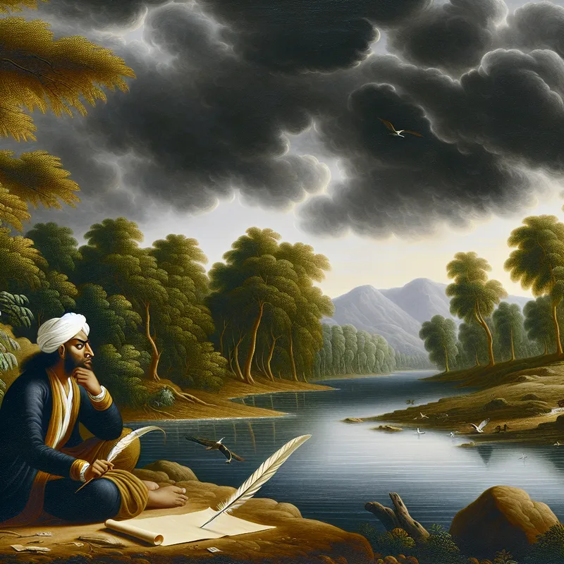 Schilderij van een schrijver die peinzend bij een rivier zit, omringd door bomen onder een stormachtige lucht in de stijl van Jacob van Ruisdael.