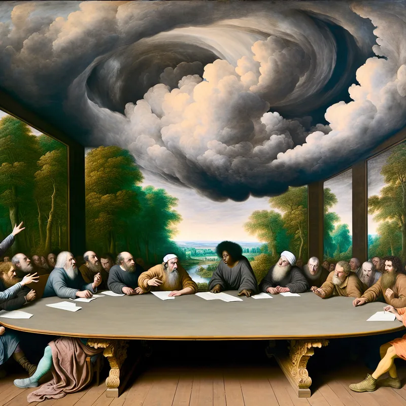 Een dramatisch landschap met een grote ontmoetings tafel in de natuur, omringd door mensen die in discussie zijn.