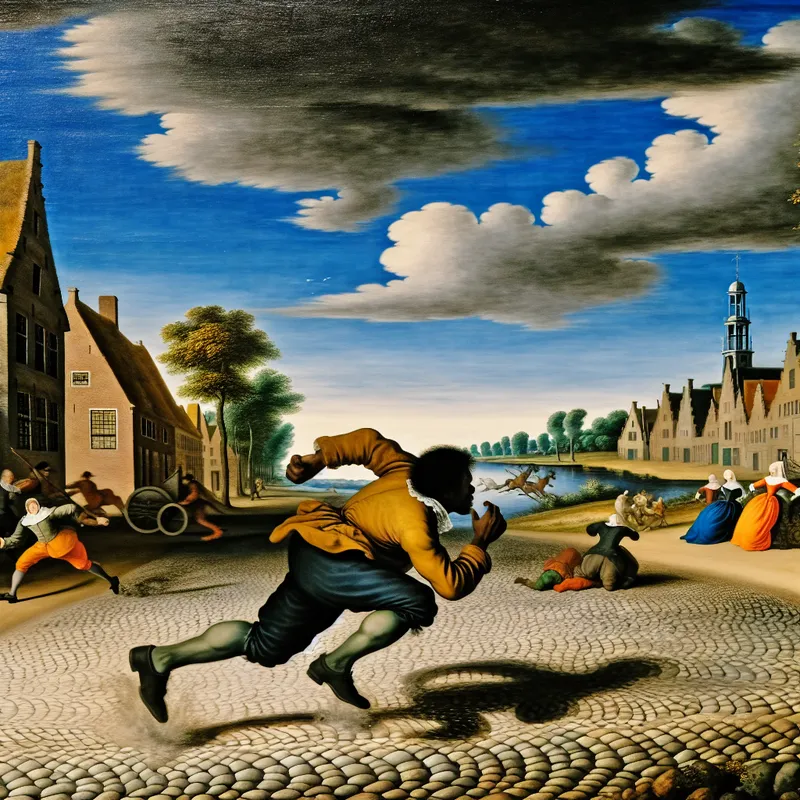 Schilderij van een man die haastig een kasseien straat oversteekt in een Nederlandse stad