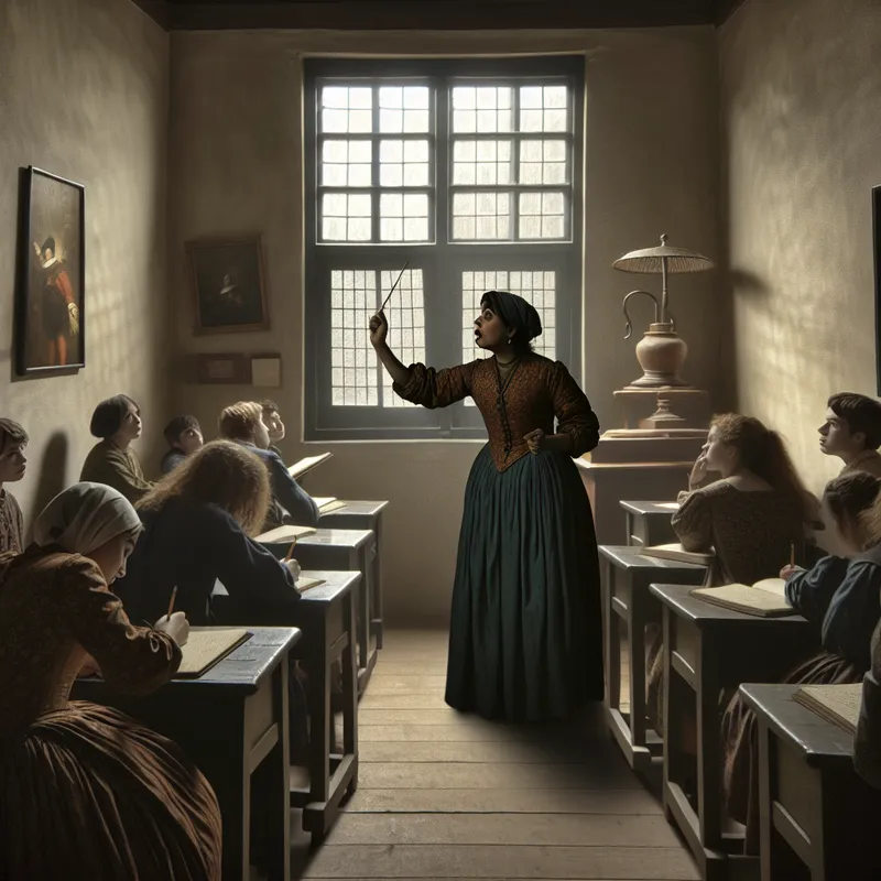 Docent staat voor een klas met aandachtige leerlingen, geanimeerd uitleggend met expressieve gebaren. Zonlicht valt door het raam, waardoor een warme sfeer ontstaat.