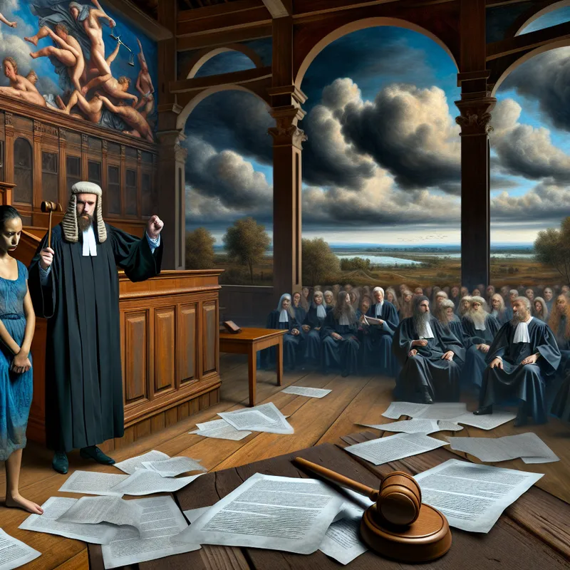 Drastische rechtszaal scène met een rechter, een nerveuze verdachte en een intens publiek, met spanningsvolle juridische documenten en een prachtig landschap op de achtergrond.