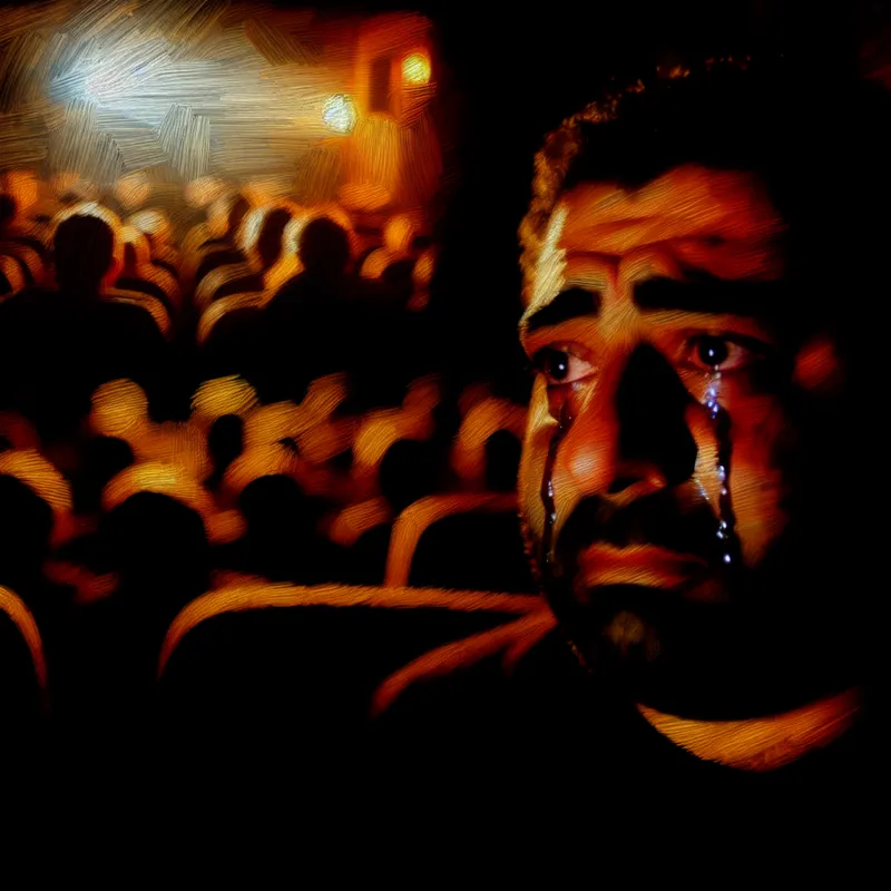 Een eenzame figuur met tranen in hun gezicht, verlicht door het flikkerende licht van een film in een donker bioscoop